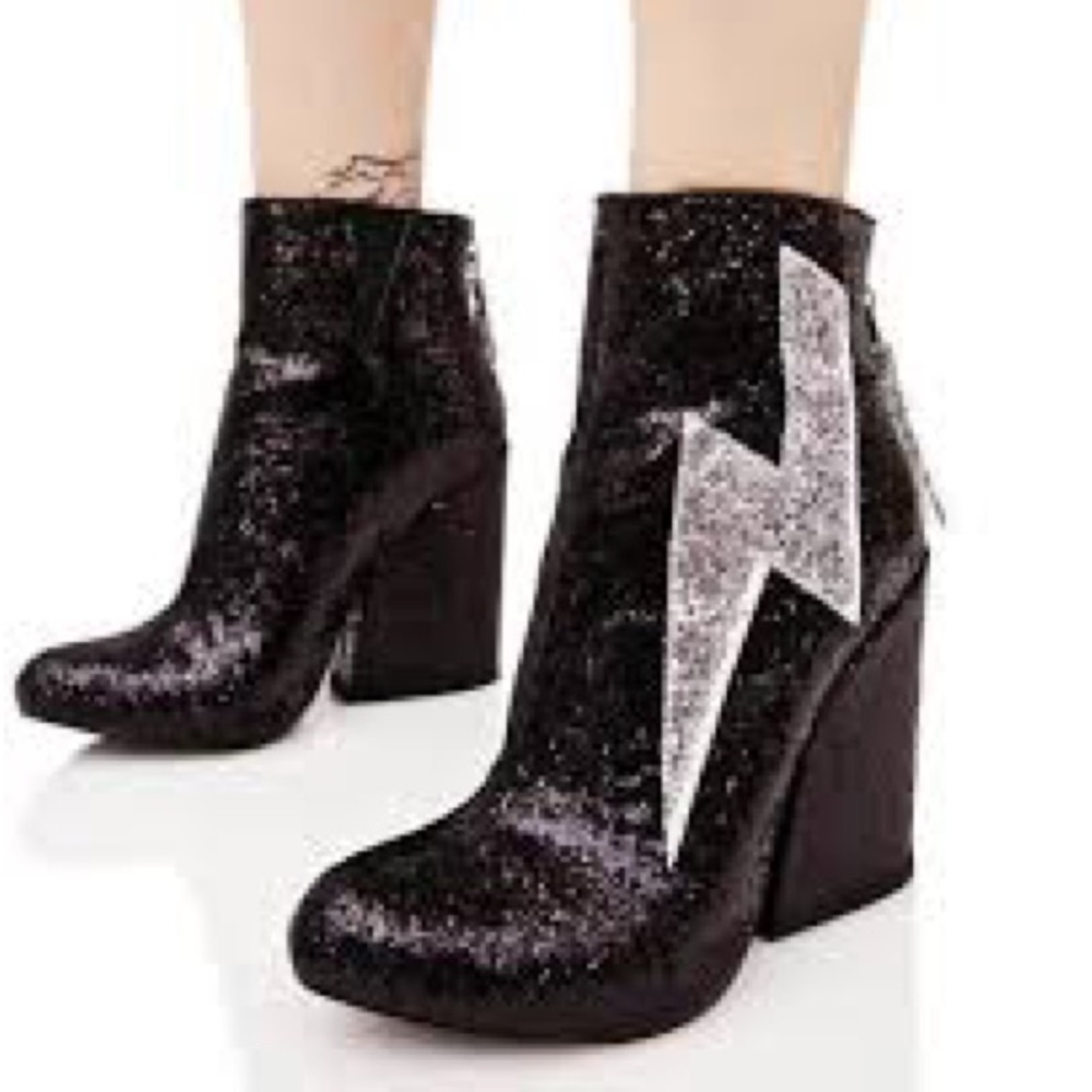 YRU ZIGGY GLITTER LIGHTNING BOLT HEEL BOOT SILVER SPARKLE EDM FESTIVAL COACHELLA